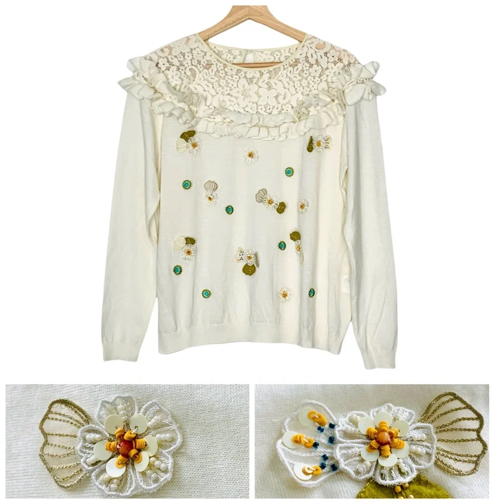 Lace Collar Crew Neck Sweater Large Cream 3D Flowers Embroidered Beaded Sequins